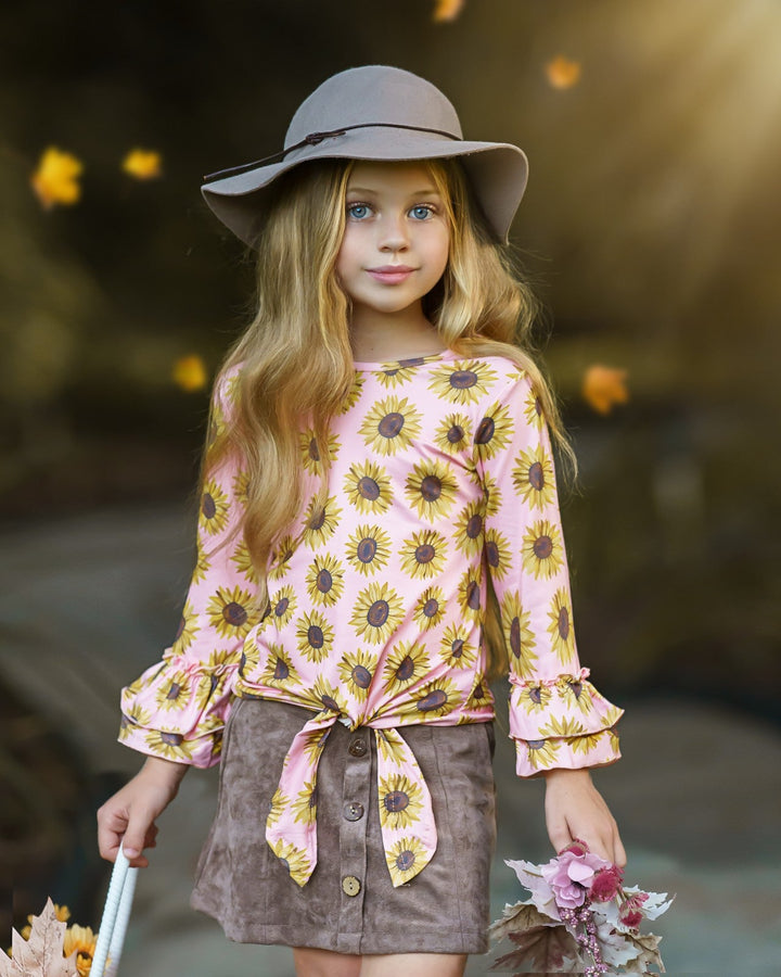 Fall Outfits | Sunflower Knot Hem Top & Velvet Skirt Set | Girls Sets