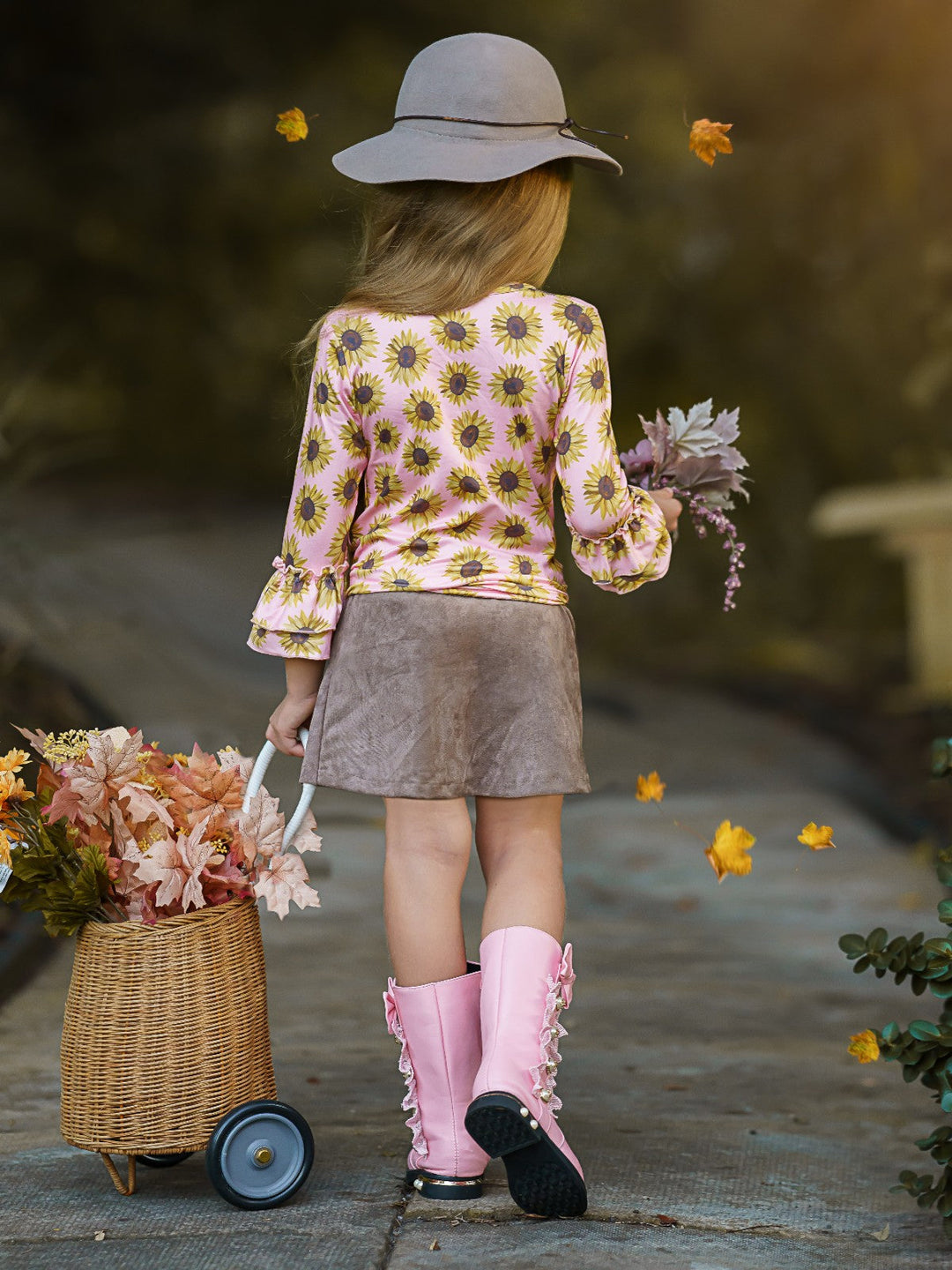 Fall Outfits | Sunflower Knot Hem Top & Velvet Skirt Set | Girls Sets