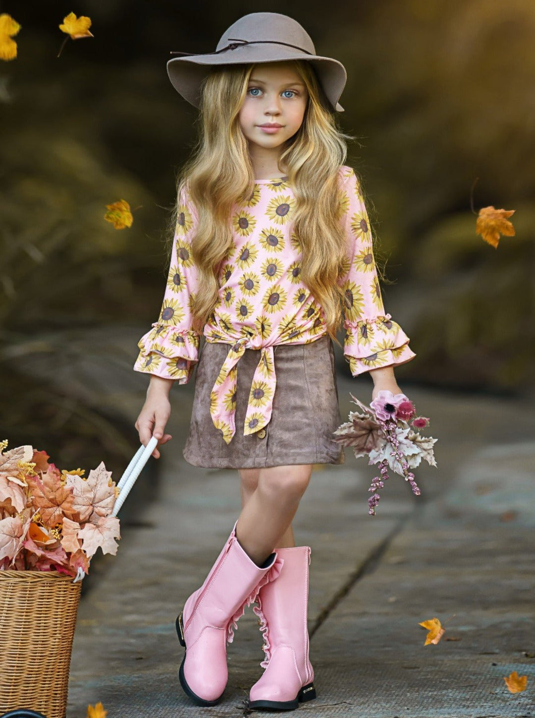 Fall Outfits | Sunflower Knot Hem Top & Velvet Skirt Set | Girls Sets