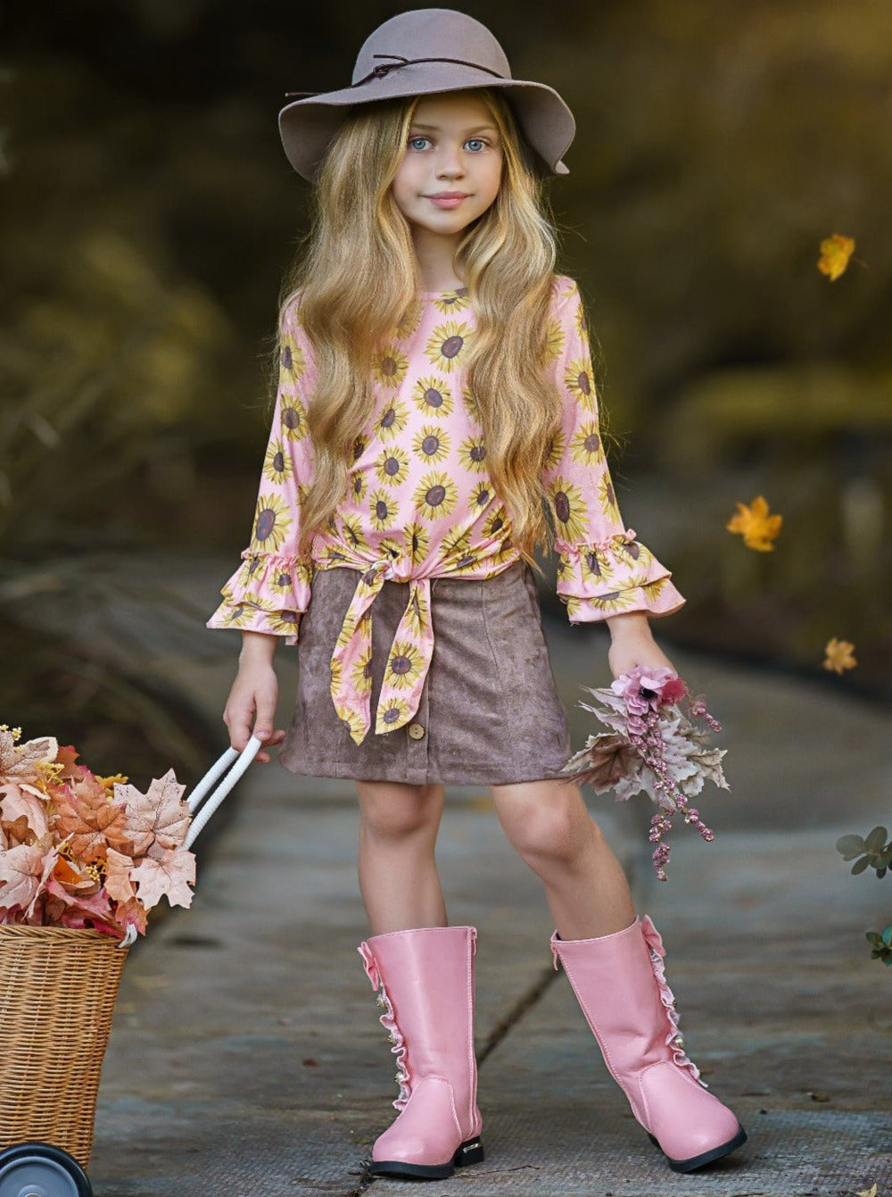 Fall Outfits | Sunflower Knot Hem Top & Velvet Skirt Set | Girls Sets