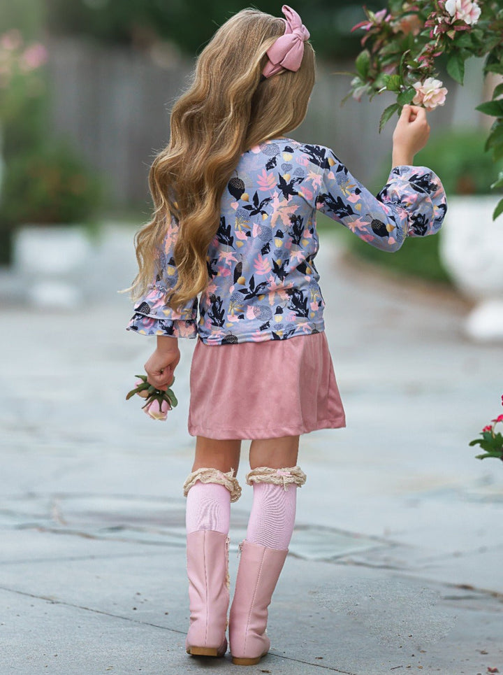 Girls Floral Double Ruffled Sleeve Top & Buttoned Skirt Set pink