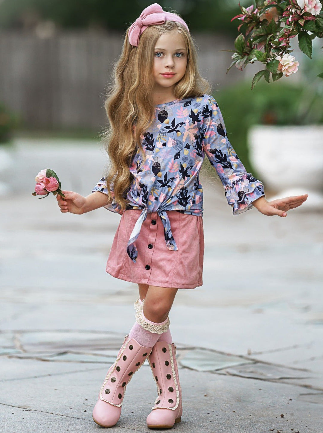 Girls Floral Double Ruffled Sleeve Top & Buttoned Skirt Set pink