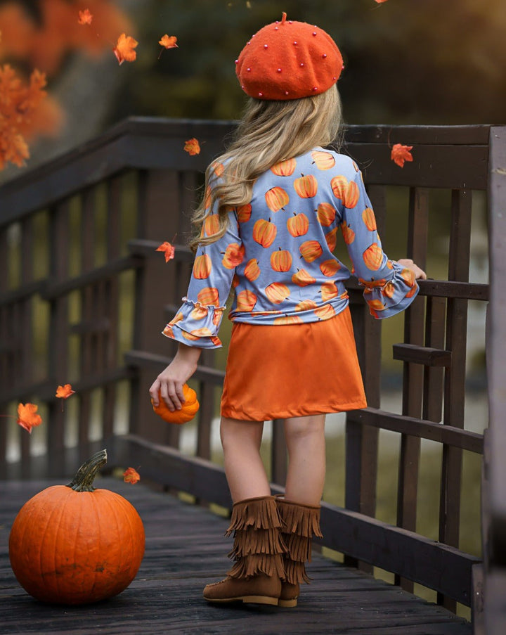 Girls Fall Outfit | Pumpkin Knot Hem Top & Skirt Set - Mia Belle Girls