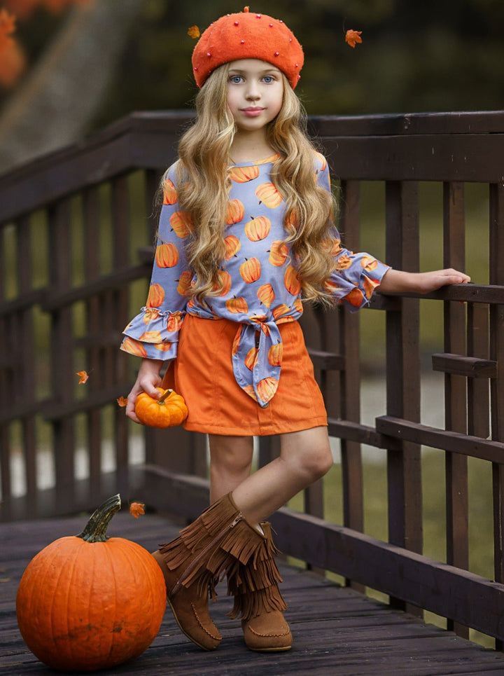 Girls Fall Outfit | Pumpkin Knot Hem Top & Skirt Set - Mia Belle Girls