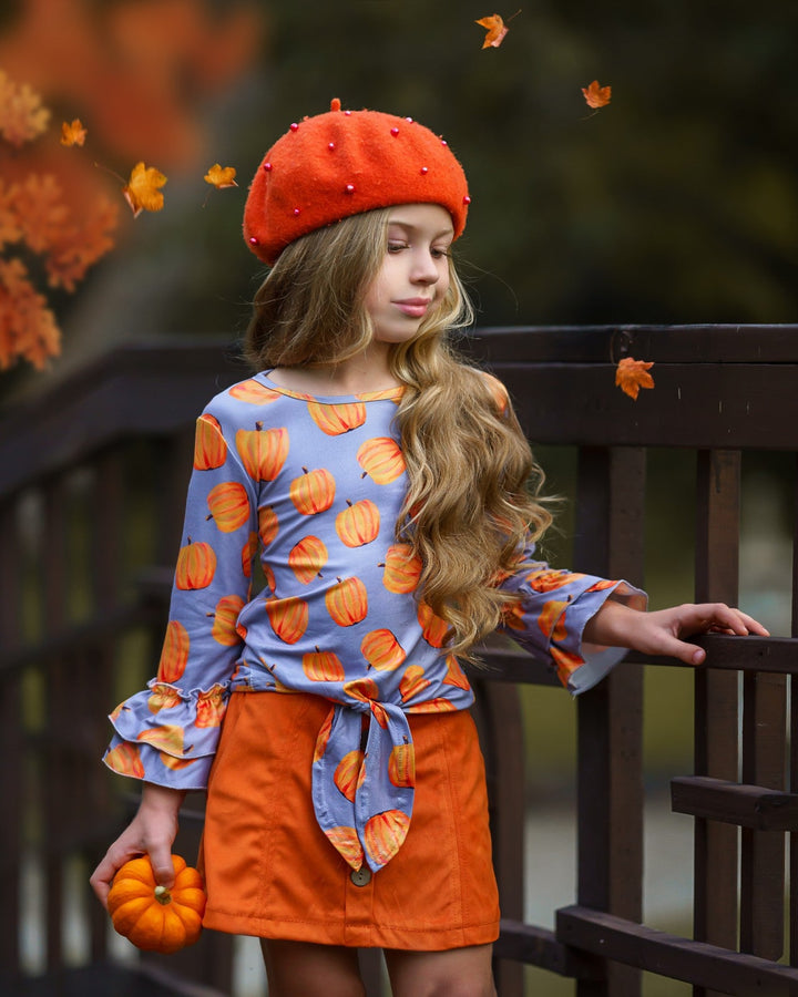 Girls Fall Outfit | Pumpkin Knot Hem Top & Skirt Set - Mia Belle Girls