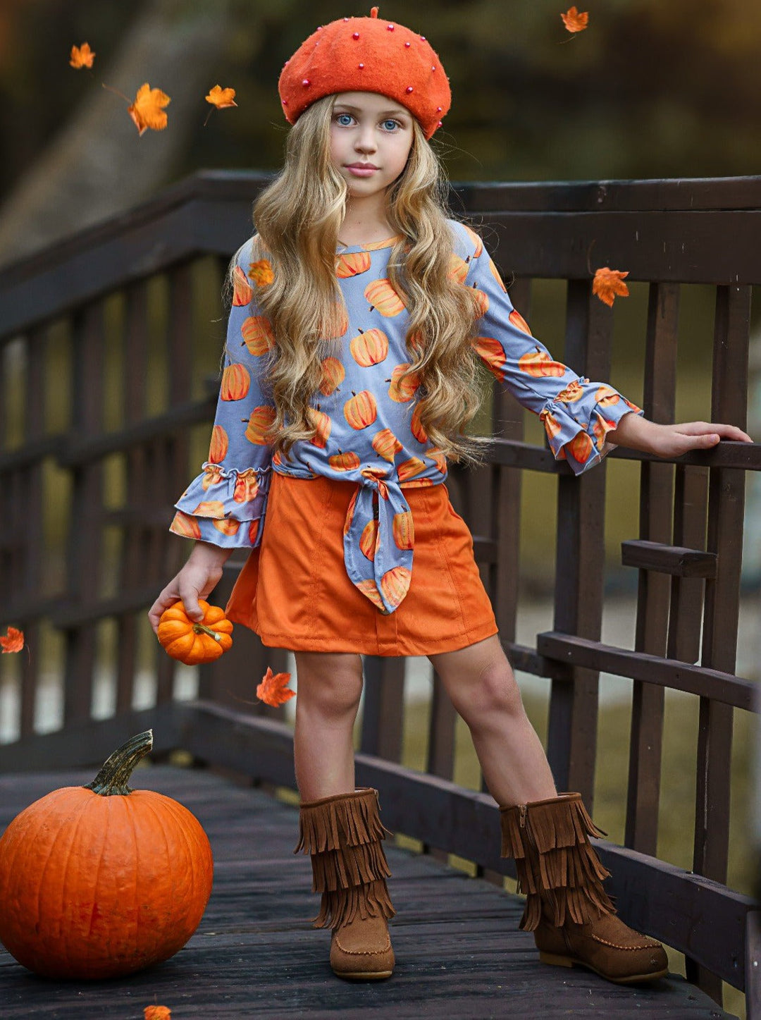 Girls Fall Outfit | Pumpkin Knot Hem Top & Skirt Set - Mia Belle Girls