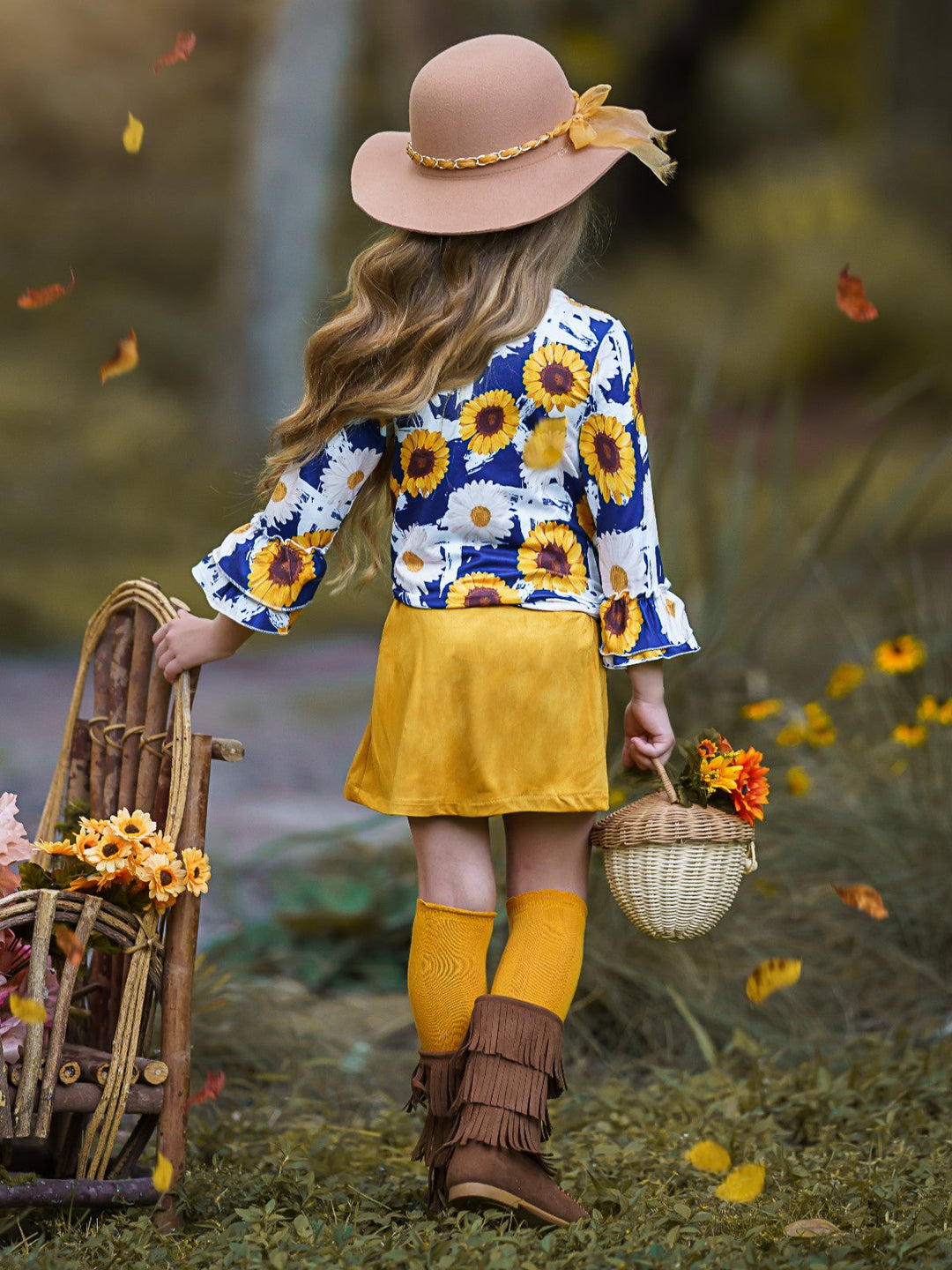 Girls Fall Set | Sunflower Knot Hem Top & Skirt Set | Girls Boutique