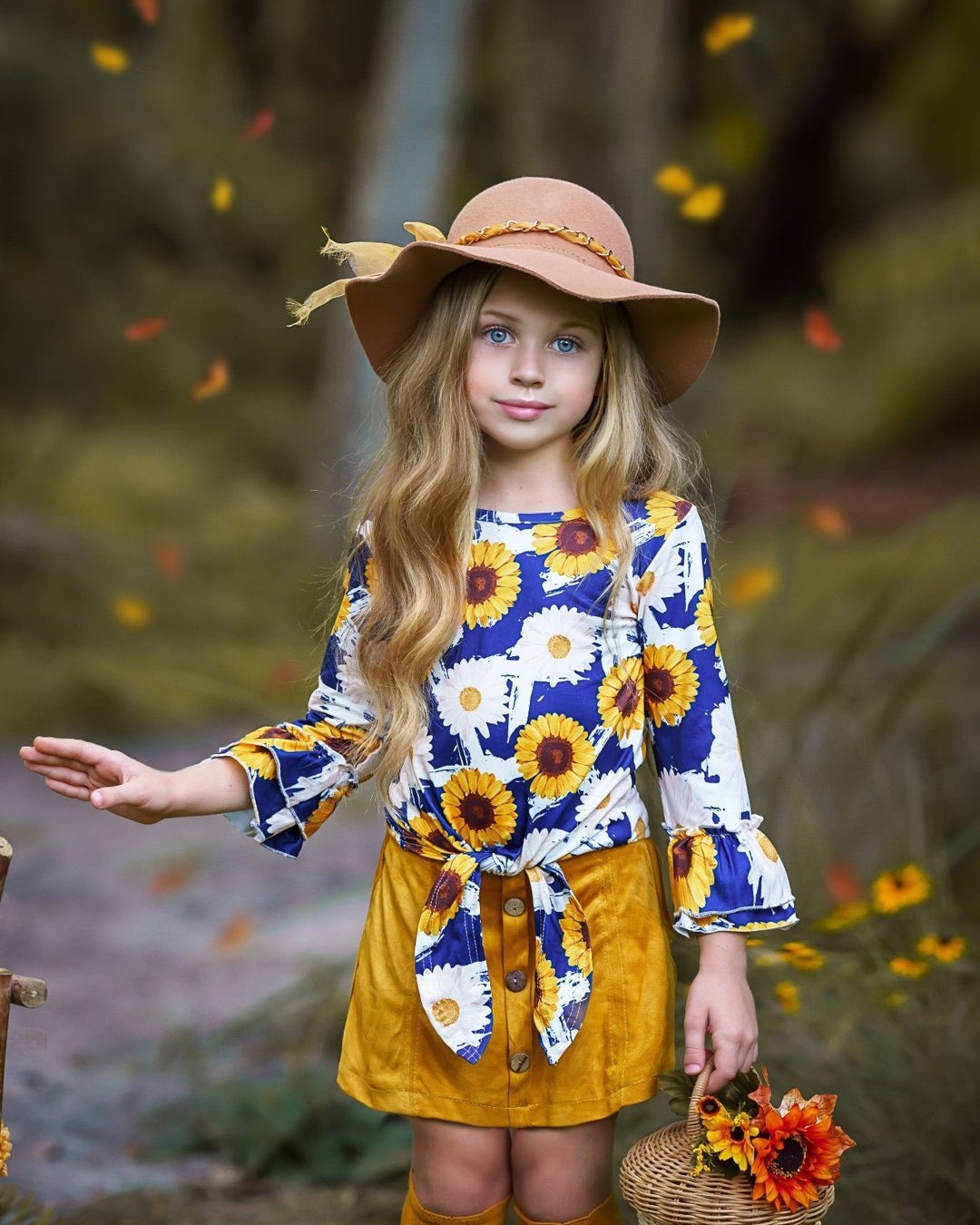 Little girls long-sleeve knot hem top with sunflower/daisy print, double ruffle cuffs, and a faux suede skirt with button applique - Mia Belle Girls