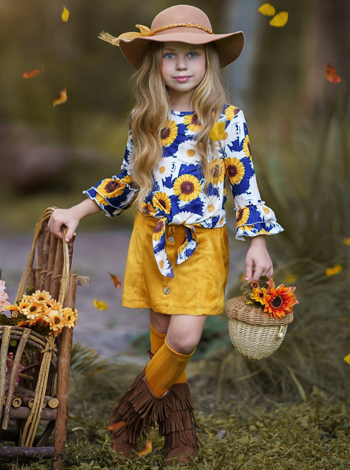 Girls Fall Set | Sunflower Knot Hem Top & Skirt Set | Girls Boutique