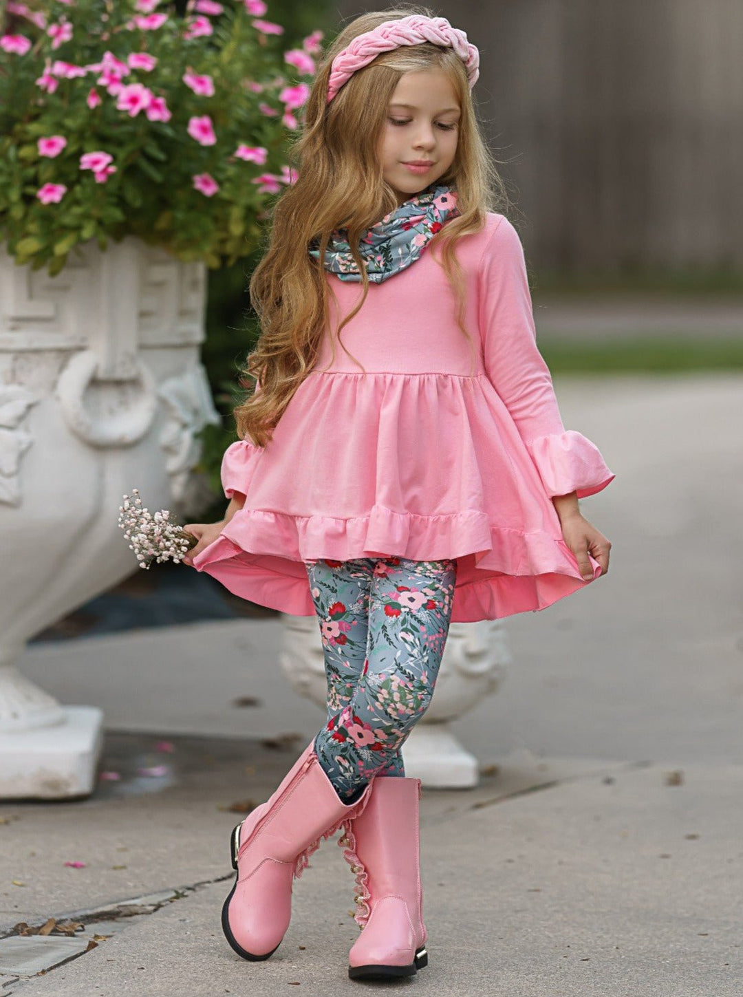 Little girls Fall long-sleeve hi-lo tunic with ruffle hem and cuffs, floral print leggings, and a matching infinity wrap scarf - Mia Belle Girls