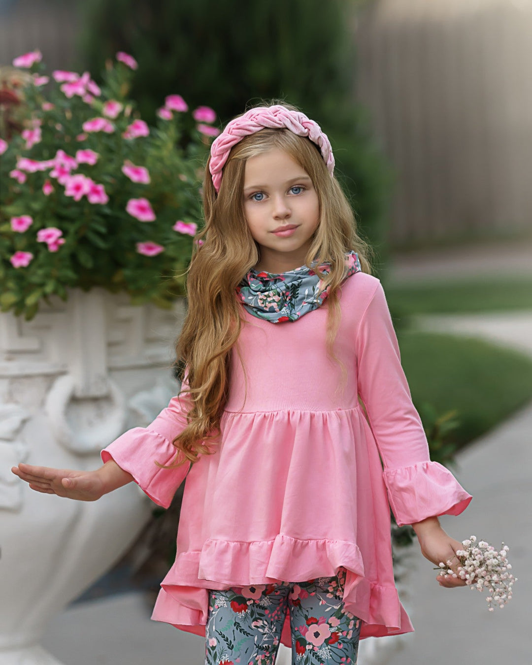 Little girls Fall long-sleeve hi-lo tunic with ruffle hem and cuffs, floral print leggings, and a matching infinity wrap scarf - Mia Belle Girls