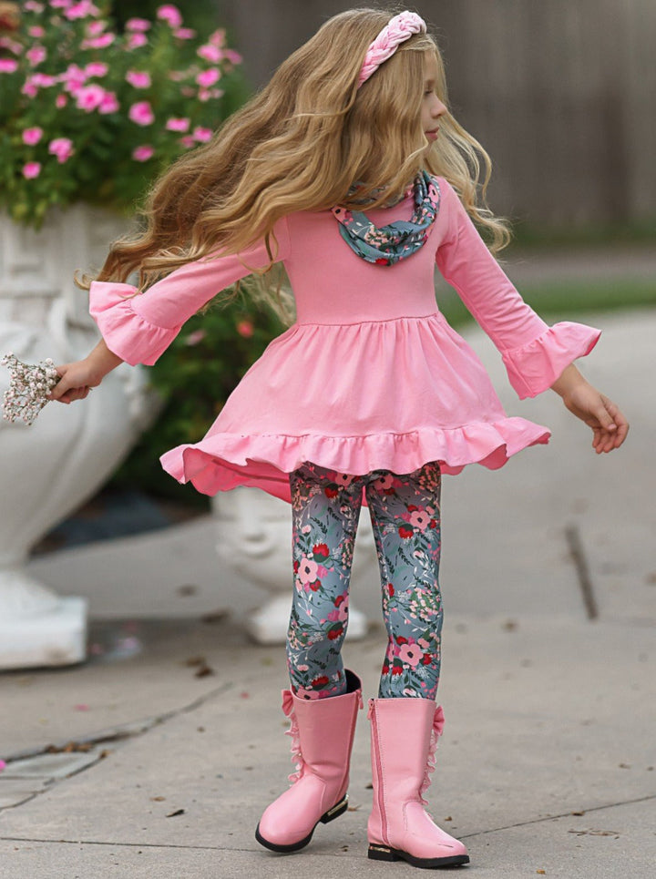 Little girls Fall long-sleeve hi-lo tunic with ruffle hem and cuffs, floral print leggings, and a matching infinity wrap scarf - Mia Belle Girls