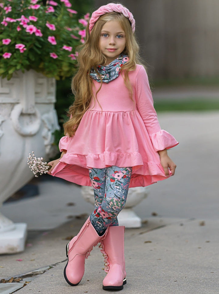 Little girls Fall long-sleeve hi-lo tunic with ruffle hem and cuffs, floral print leggings, and a matching infinity wrap scarf - Mia Belle Girls