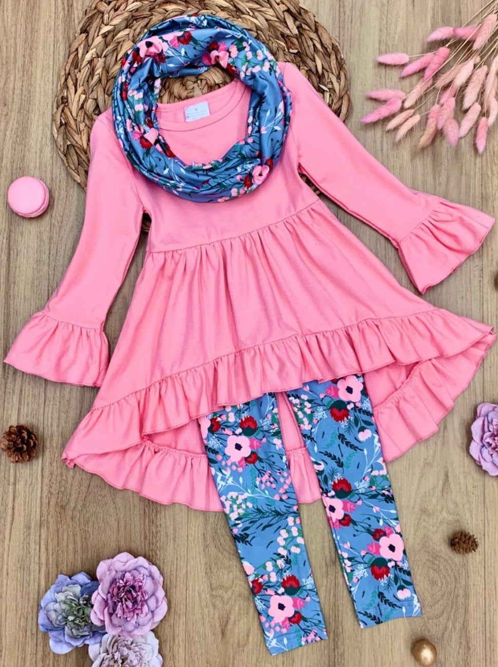 Little girls Fall long-sleeve hi-lo tunic with ruffle hem and cuffs, floral print leggings, and a matching infinity wrap scarf - Mia Belle Girls