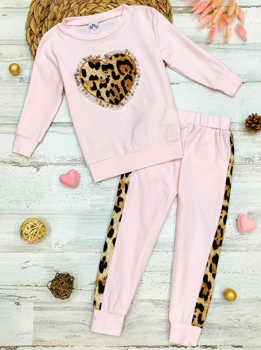 Girls Leopard Pearl Heart Jogger Set | Loungewear - Mia Belle Girls