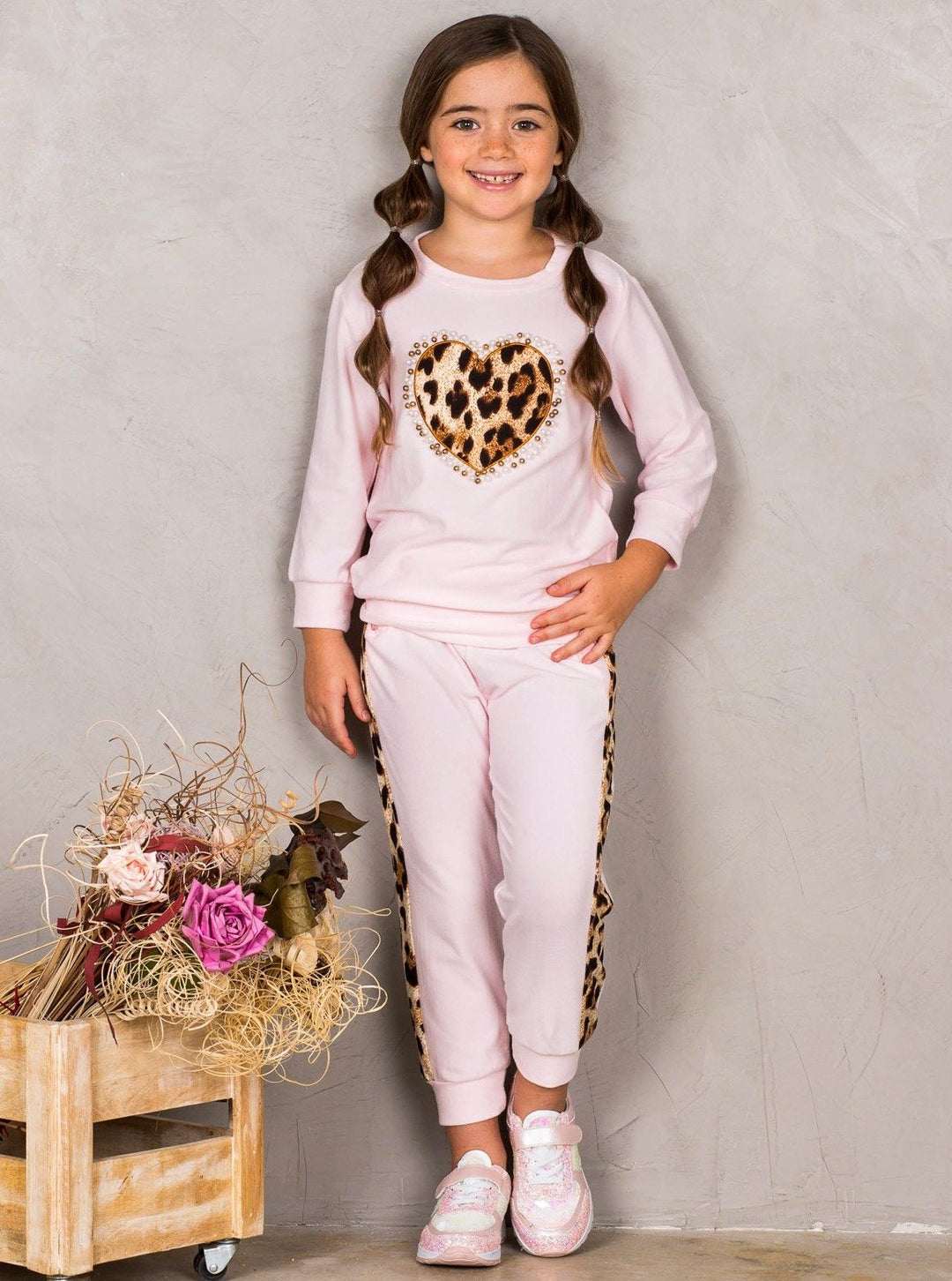 Girls Leopard Pearl Heart Jogger Set | Loungewear - Mia Belle Girls