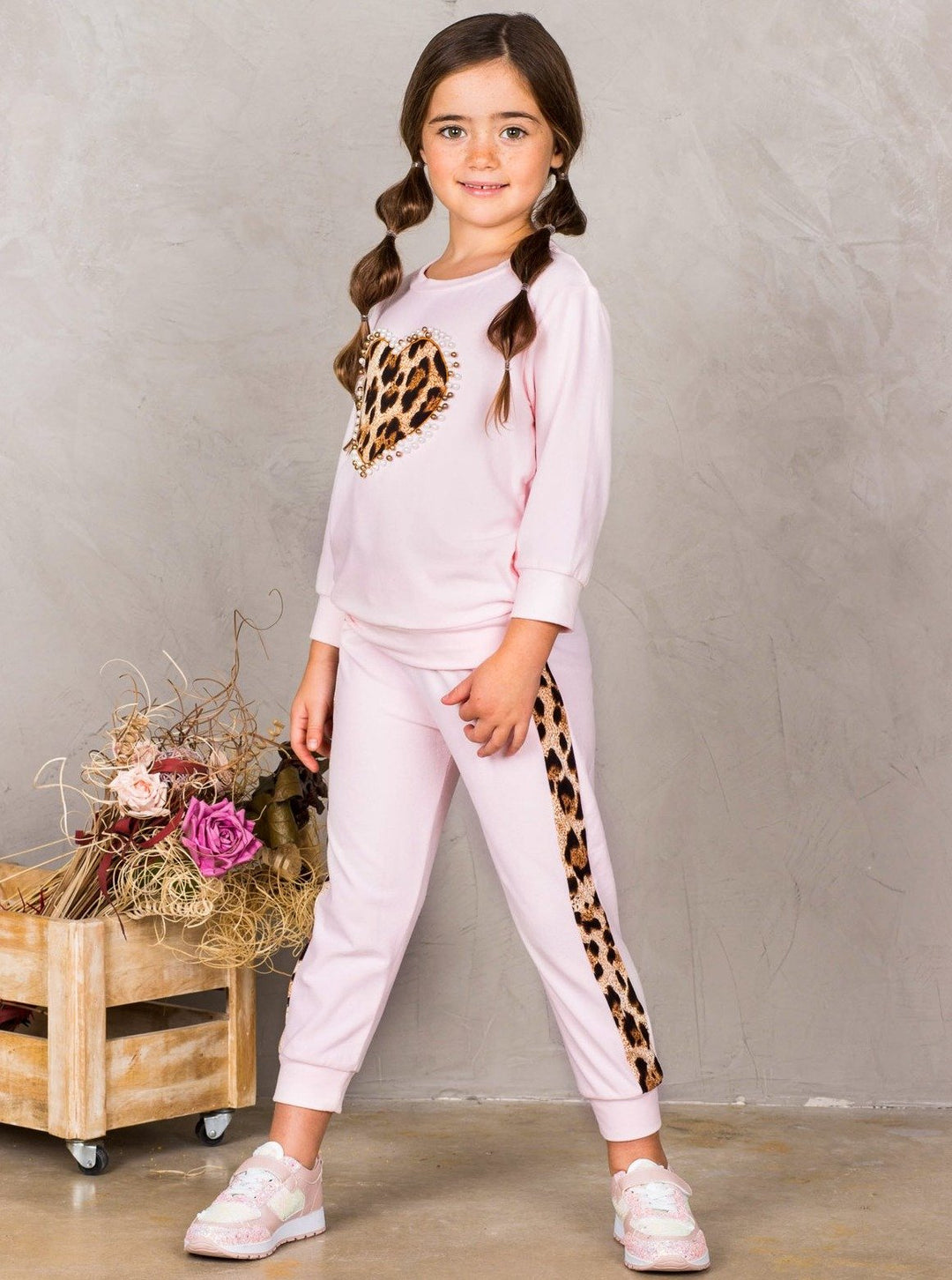 Girls Leopard Pearl Heart Jogger Set | Loungewear - Mia Belle Girls