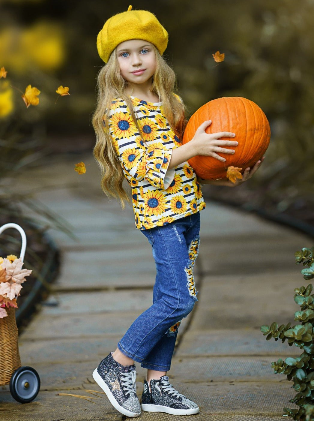 Girls Fall Outfits | Ruffle Top & Patched Jeans Set - Mia Belle Girls