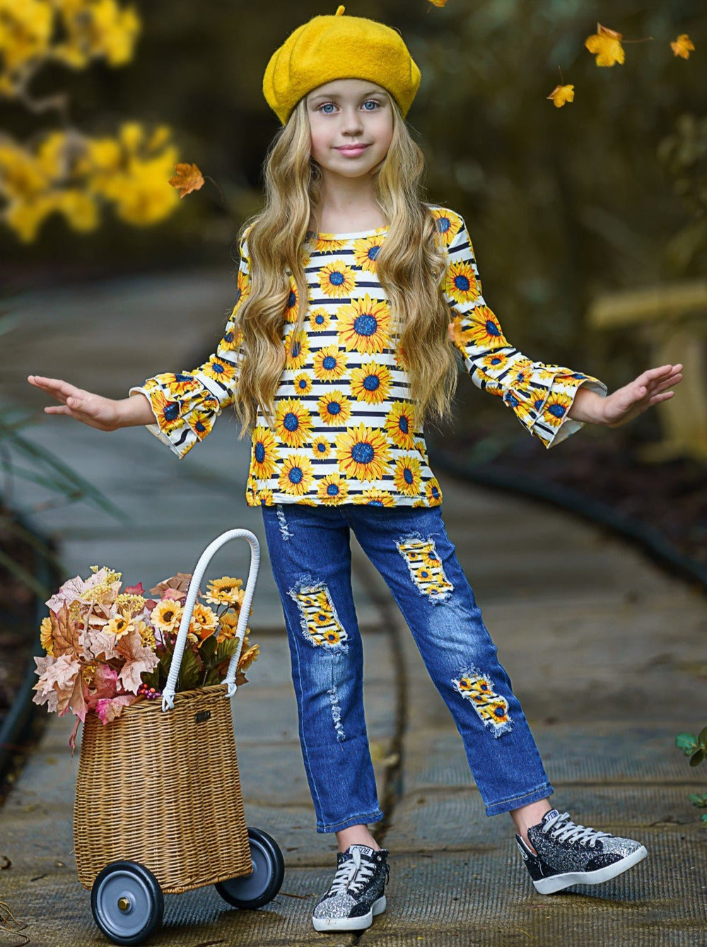 Girls Fall Outfits | Ruffle Top & Patched Jeans Set - Mia Belle Girls