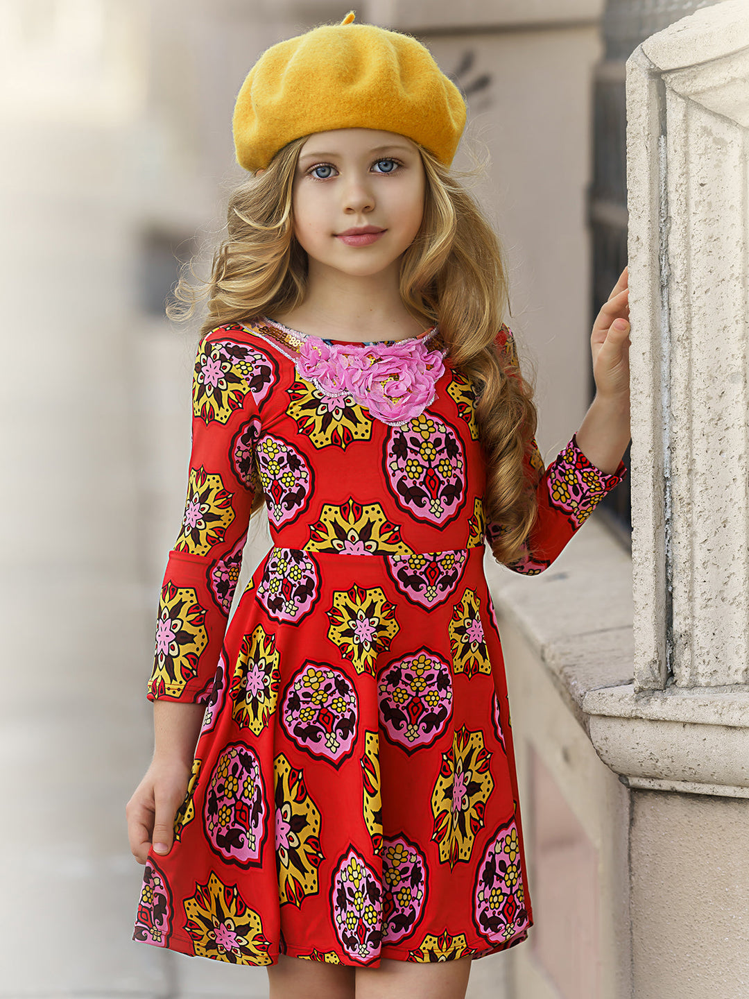 Girls Floral Long Sleeve Scoop Back Dress with Bow