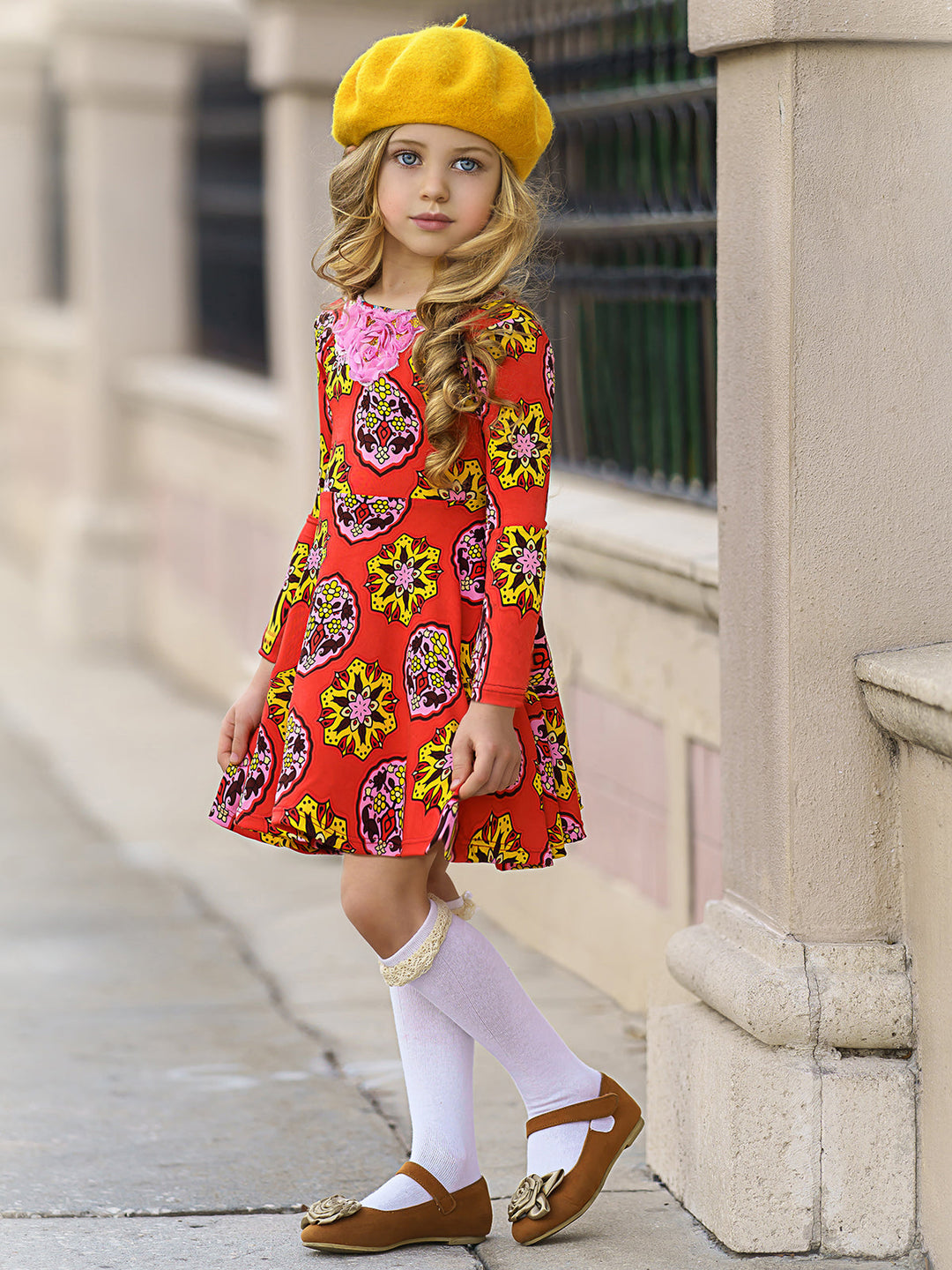 Girls Floral Long Sleeve Scoop Back Dress with Bow