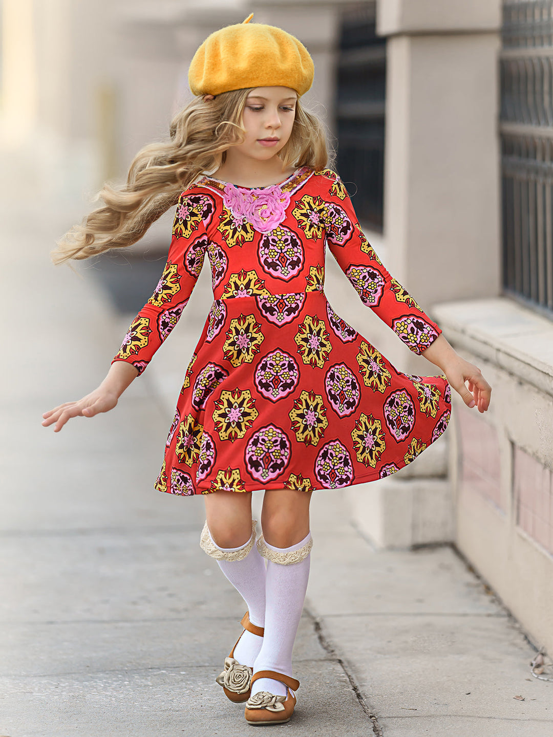 Girls Floral Long Sleeve Scoop Back Dress with Bow