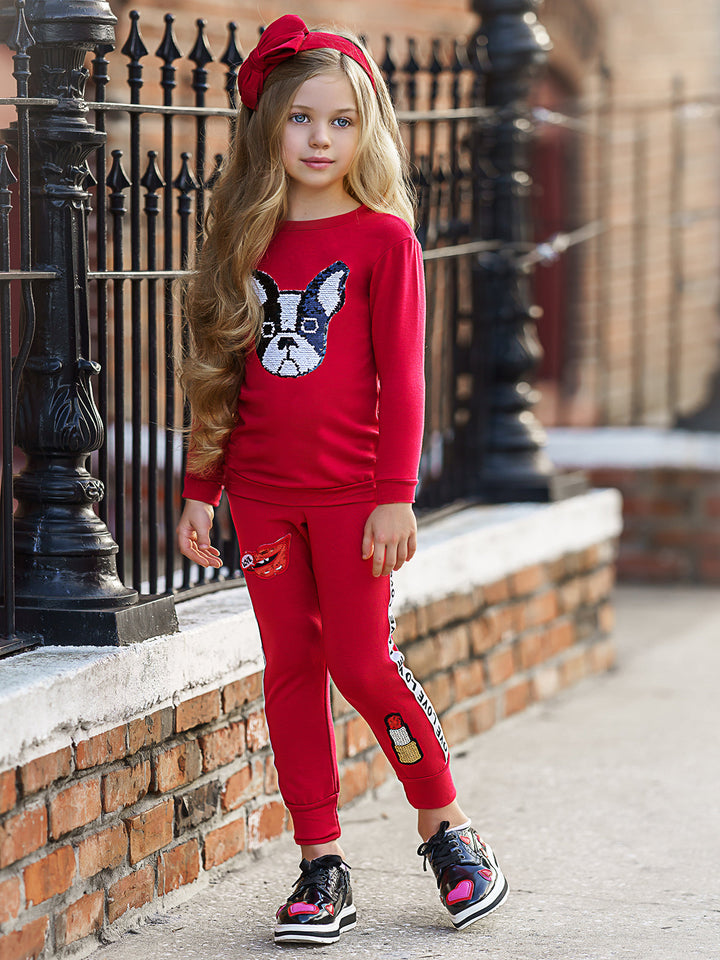 Girls Sequin Puppy Red Sweatshirt & Jogger Set - Mia Belle Girls