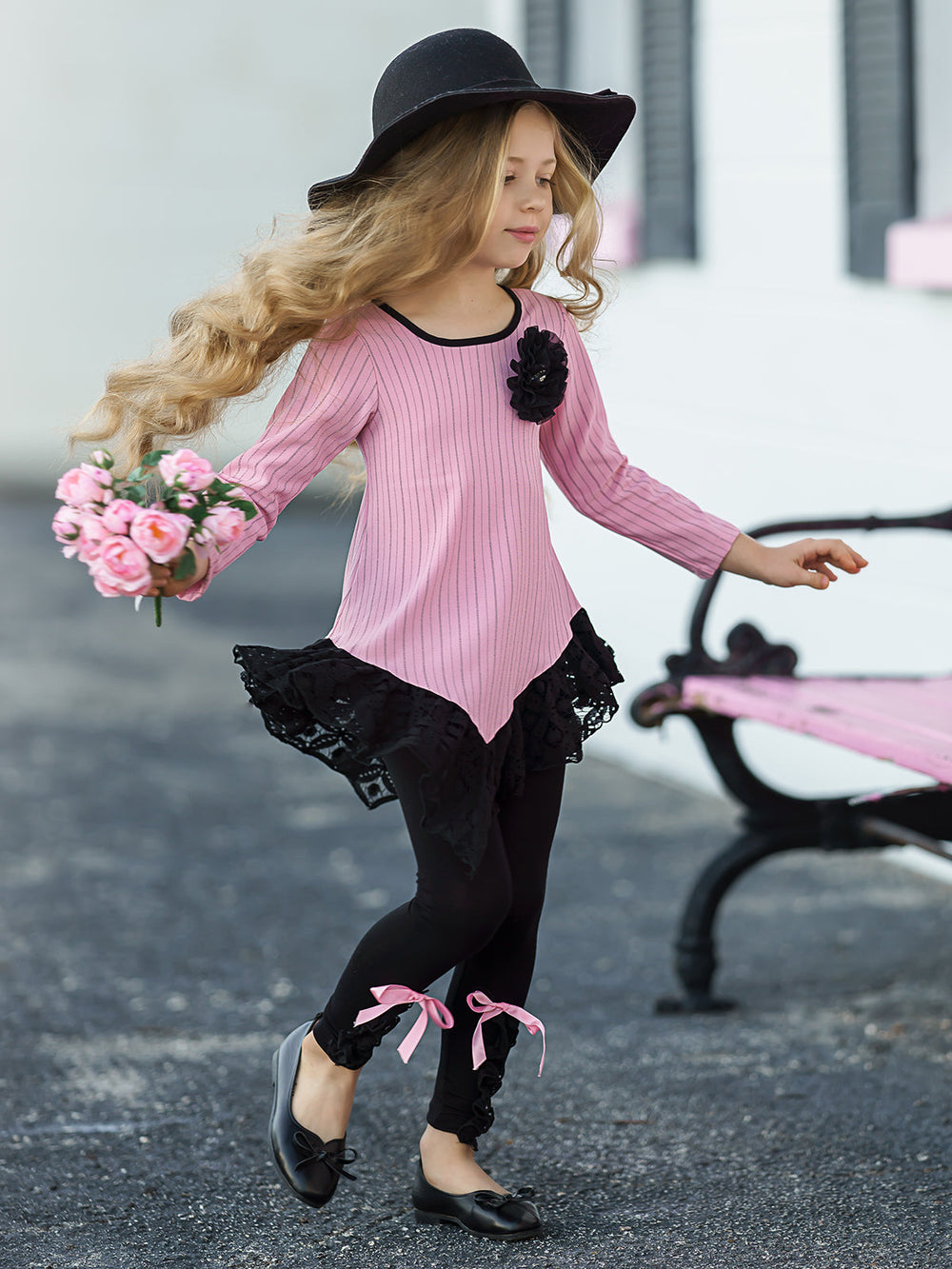 Girls Preppy Lace Triangle Hem Tunic & Leggings Set - Mia Belle Girls