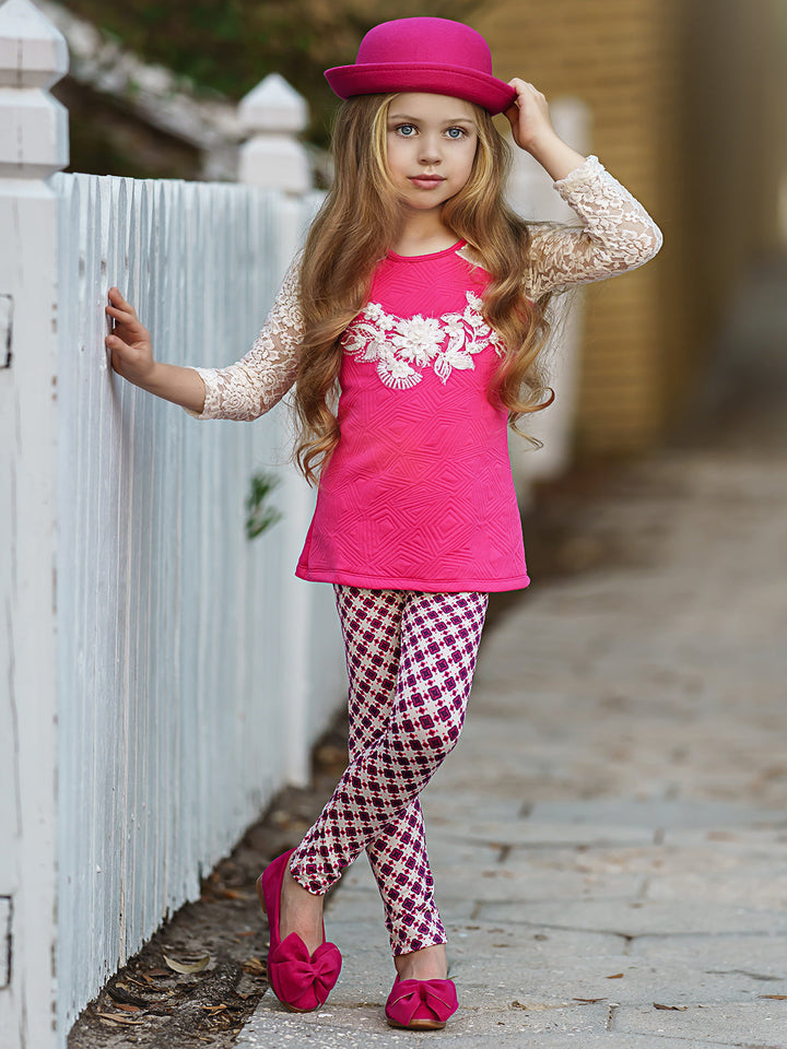 Girls Lace Long Raglan Sleeve Trimmed Tunic And Legging Set