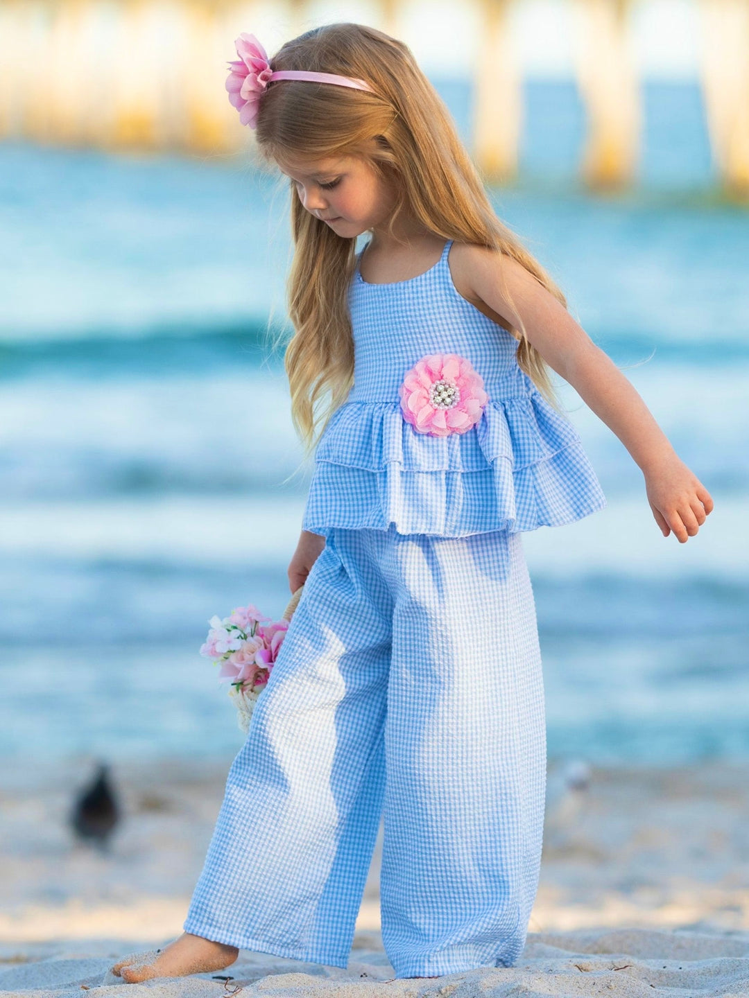 Blue Skies Gingham Top and Palazzo Pants Set