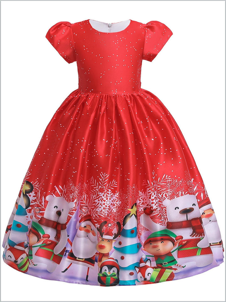 Girls Christmas Dresses | Puff Sleeve Santa Winter Scene Holiday Dress