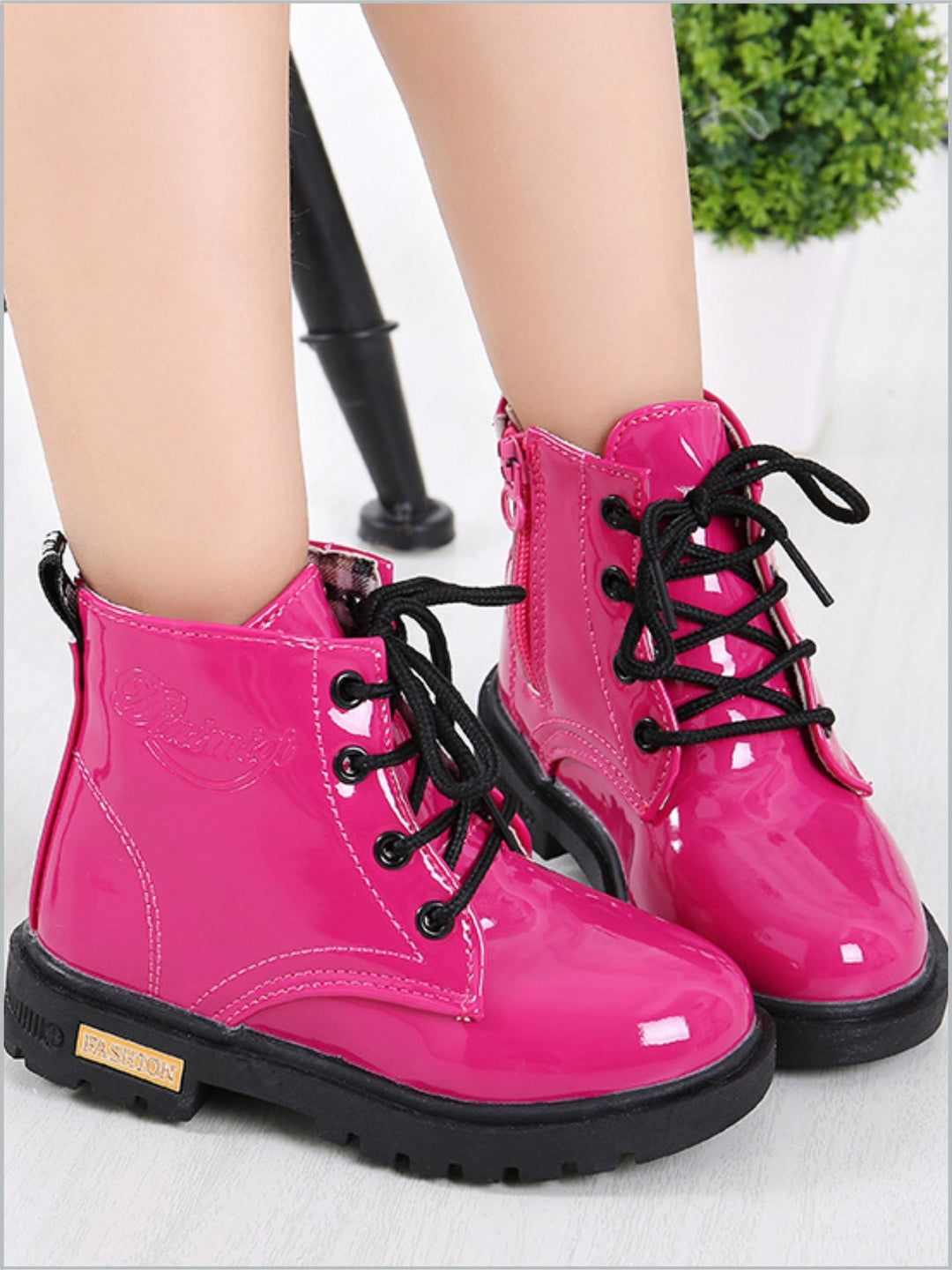 Mia Belle Girls Pink Patent Combat Boots | Shoes By Liv And Mia