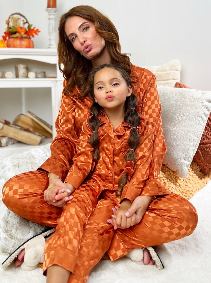 Mia Belle Girls Rust Checkered Silk Pajamas | Mommy and Me Pajamas