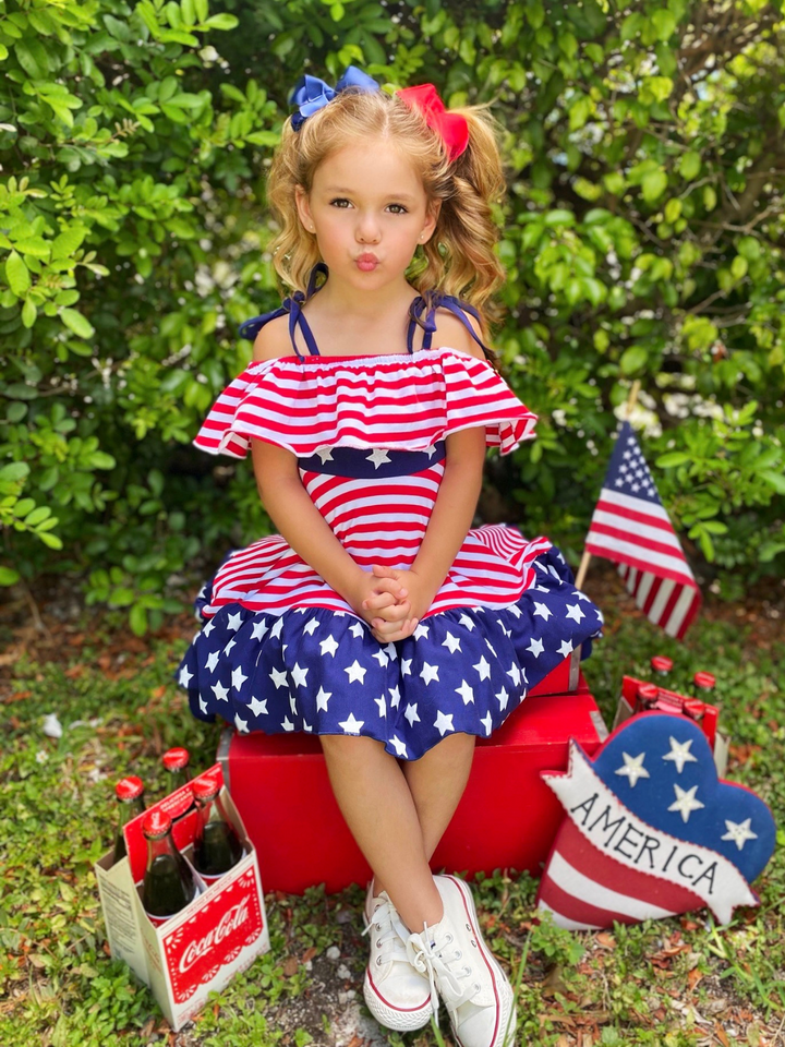 Girls 4th of July Clothes | US Flag Hi-Lo Cold Shoulder Ruffle Dress