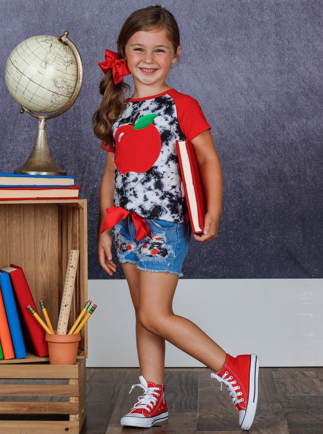 Back To School Apple Tie Dye Patched Denim Short Set | Mia Belle Girls