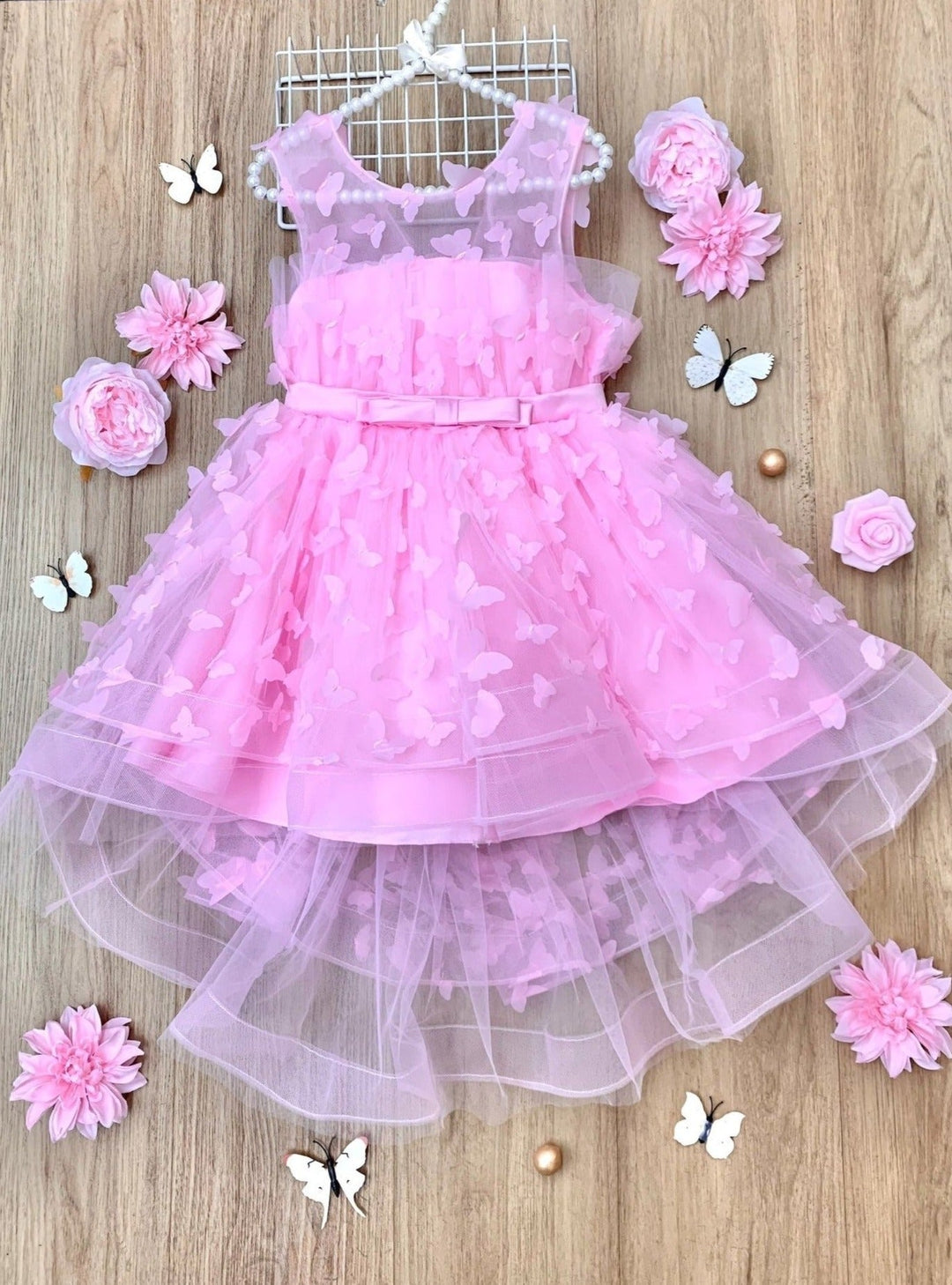 Mia Belle Girls Pink Butterfly Tulle Dress | Girls Formal Dresses