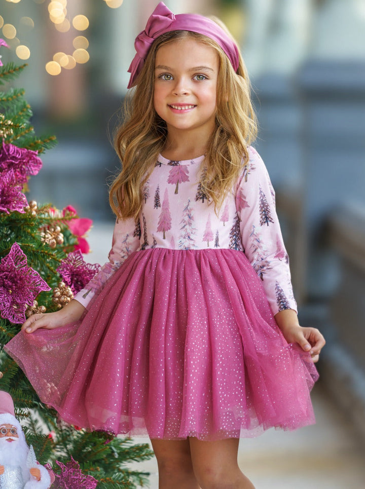 Mia Belle Girls Tree Print Tulle Tutu Dress | Girls Winter Dresses