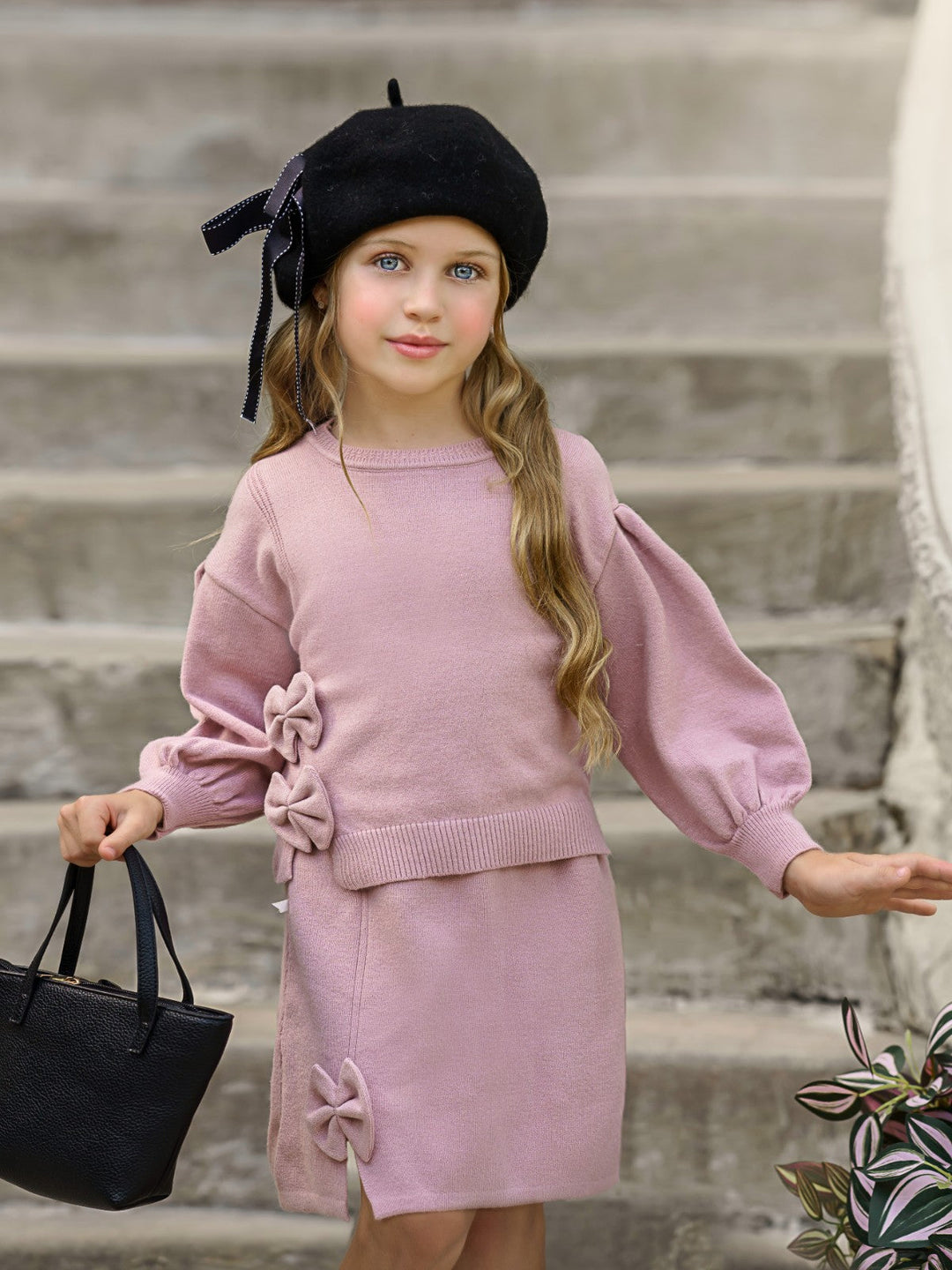 Preppy Chic Clothes | Bowknot Sweater & Skirt Set | Mia Belle Girls