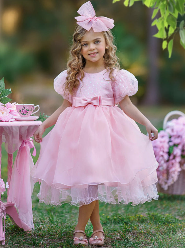 Girls Formal Dresses | Sequin Puff Sleeve Mid Length Formal Dress