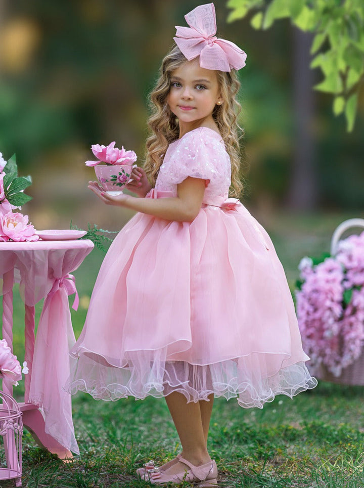 Girls Formal Dresses | Sequin Puff Sleeve Mid Length Formal Dress