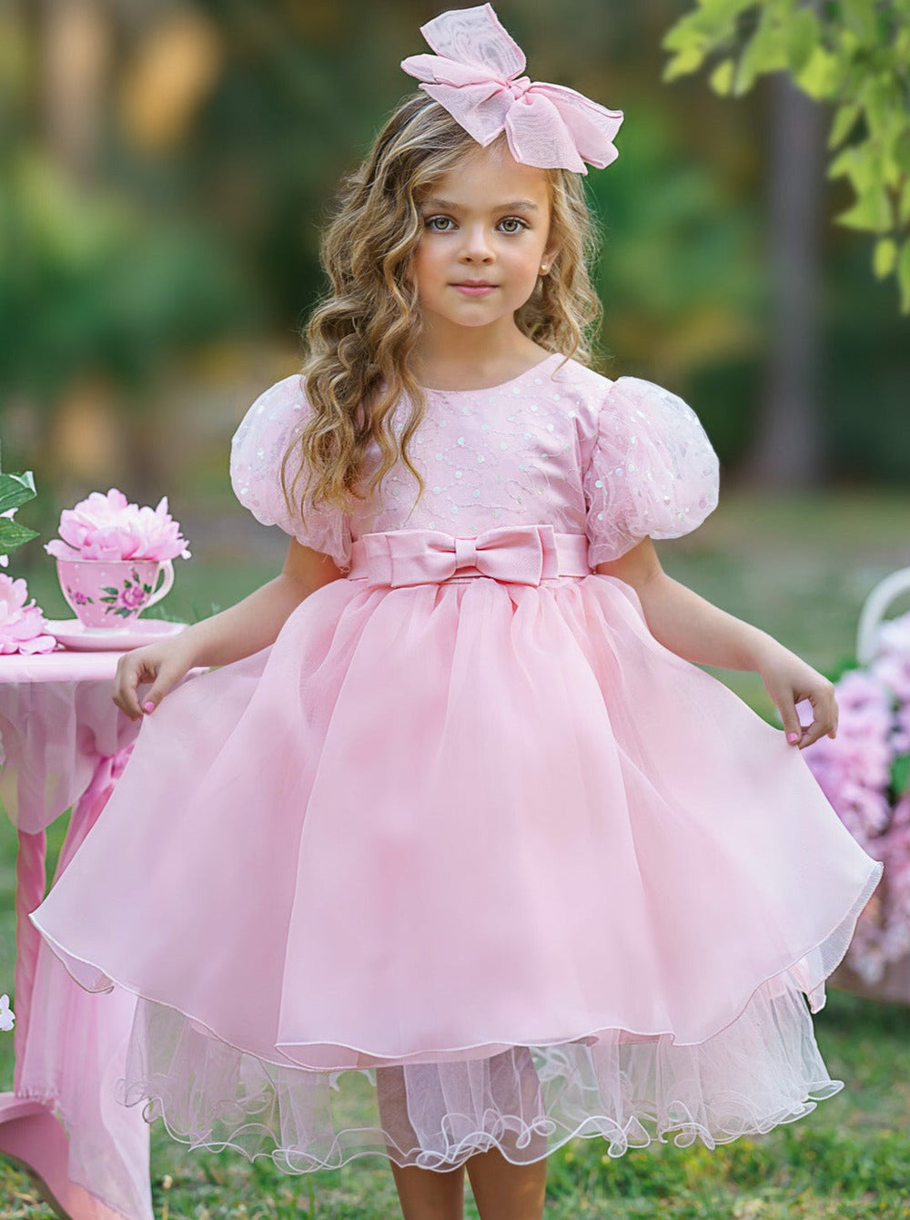 Girls Formal Dresses | Sequin Puff Sleeve Mid Length Formal Dress