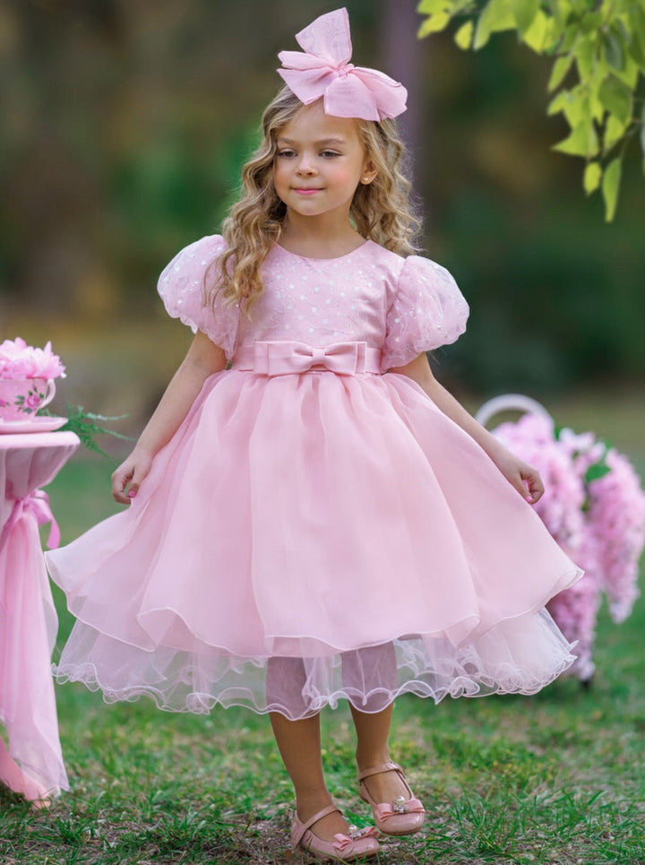 Girls Formal Dresses | Sequin Puff Sleeve Mid Length Formal Dress