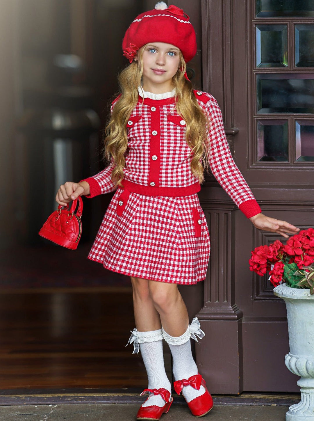 Preppy Chic Clothes | Red Plaid Sweater & Skirt Set | Mia Belle Girls