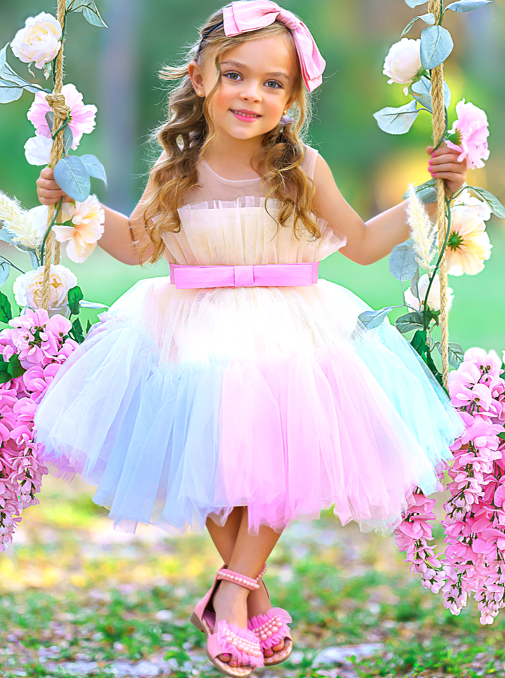 Girls Formal Dresses | Pastel Rainbow Ruffle Tulle Belted Party Dress