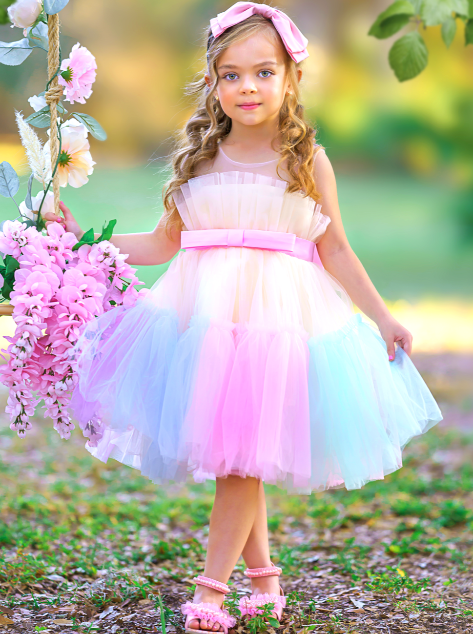 Girls Formal Dresses | Pastel Rainbow Ruffle Tulle Belted Party Dress