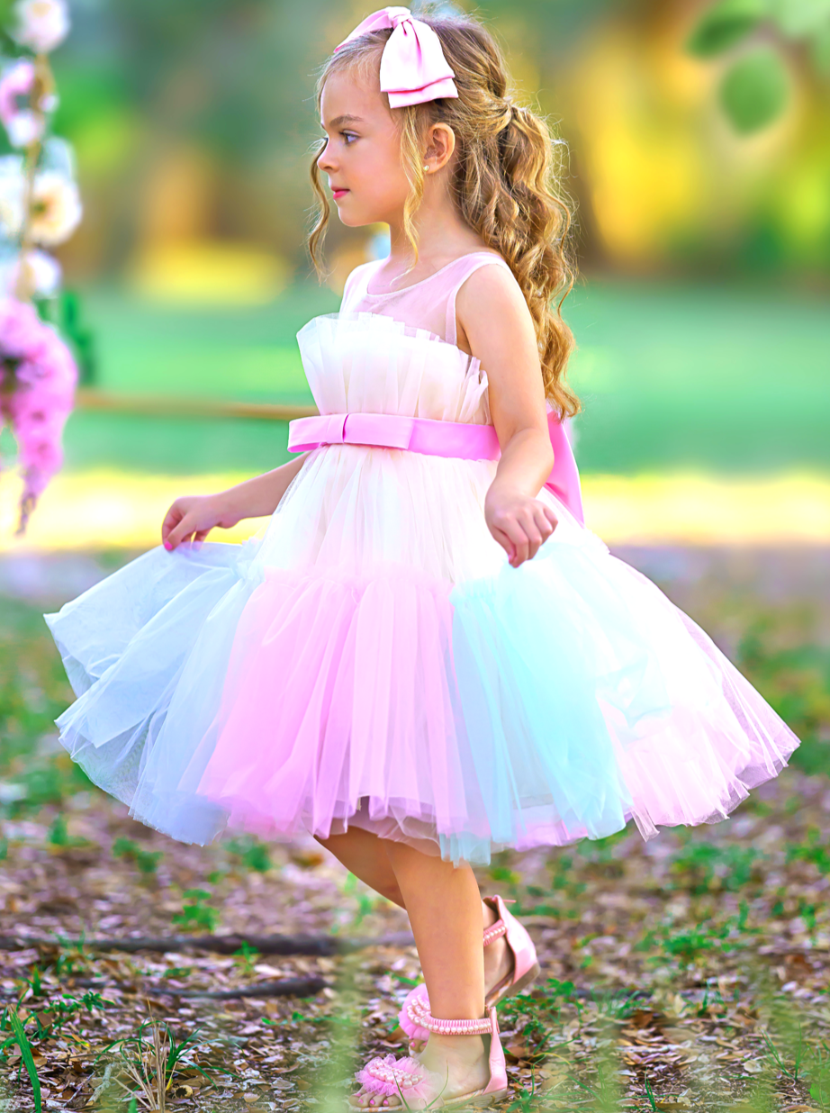 Girls Formal Dresses | Pastel Rainbow Ruffle Tulle Belted Party Dress