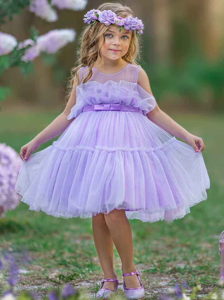 Little Girls Formal Dresses | Lavender Sheer Belted Tulle Tutu Dress