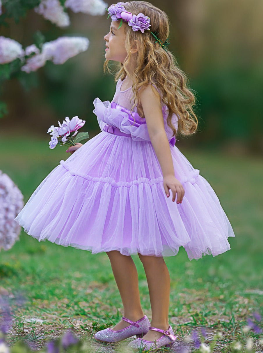 Little Girls Formal Dresses | Lavender Sheer Belted Tulle Tutu Dress