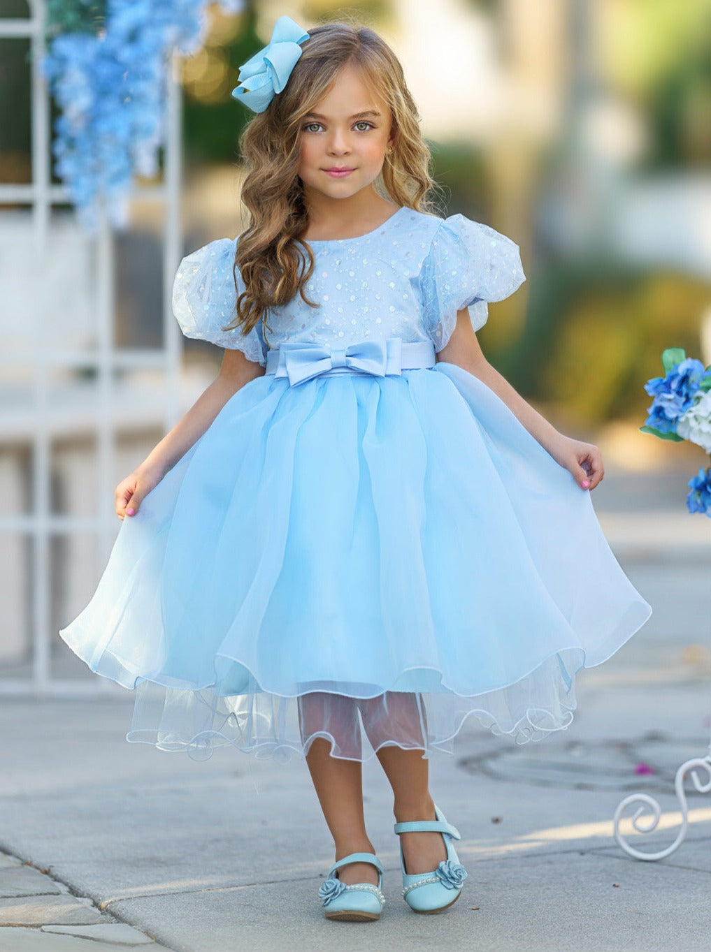 Girls Formal Dresses | Sequin Puff Sleeve Mid Length Formal Dress