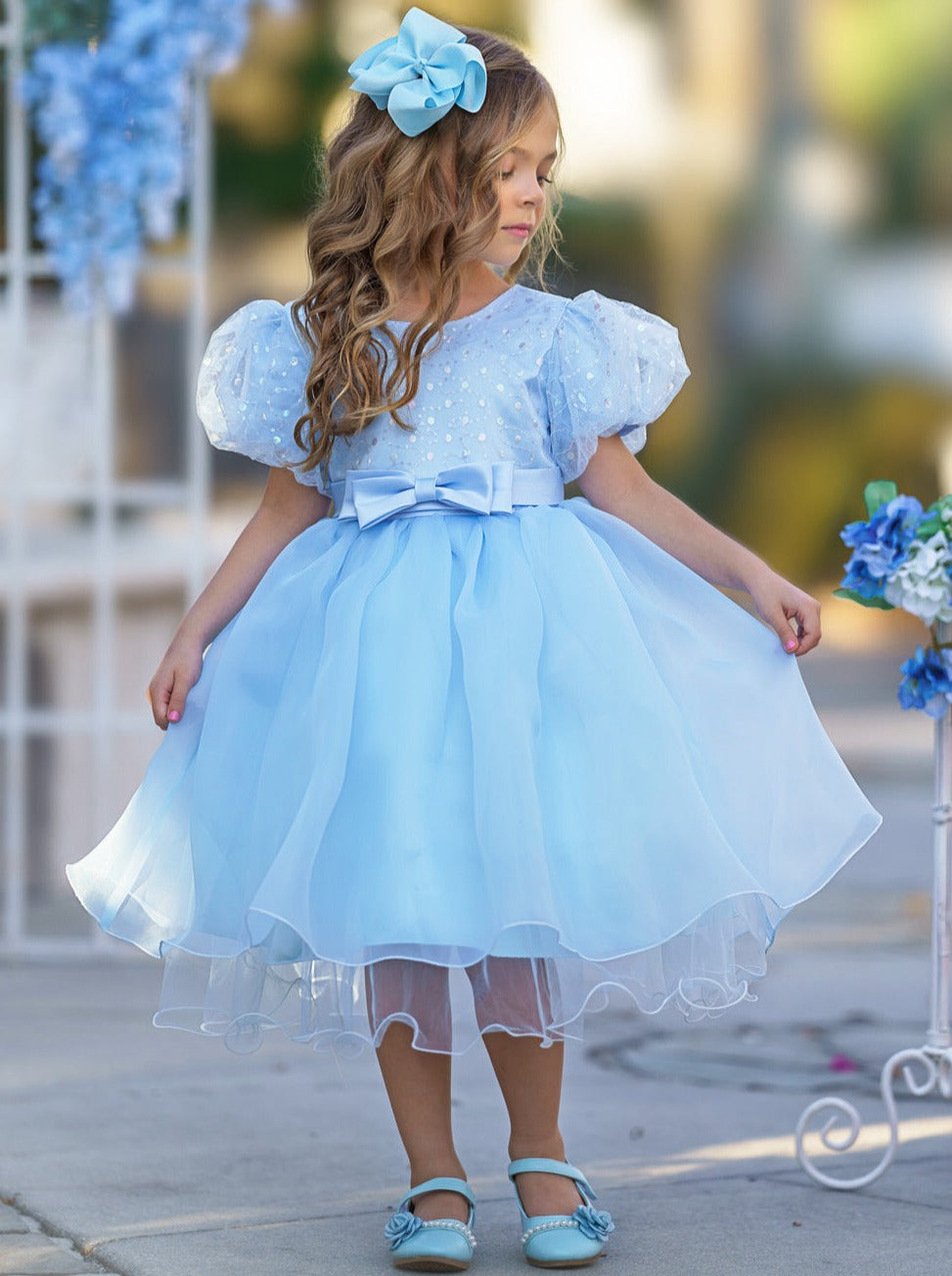 Girls Formal Dresses | Sequin Puff Sleeve Mid Length Formal Dress